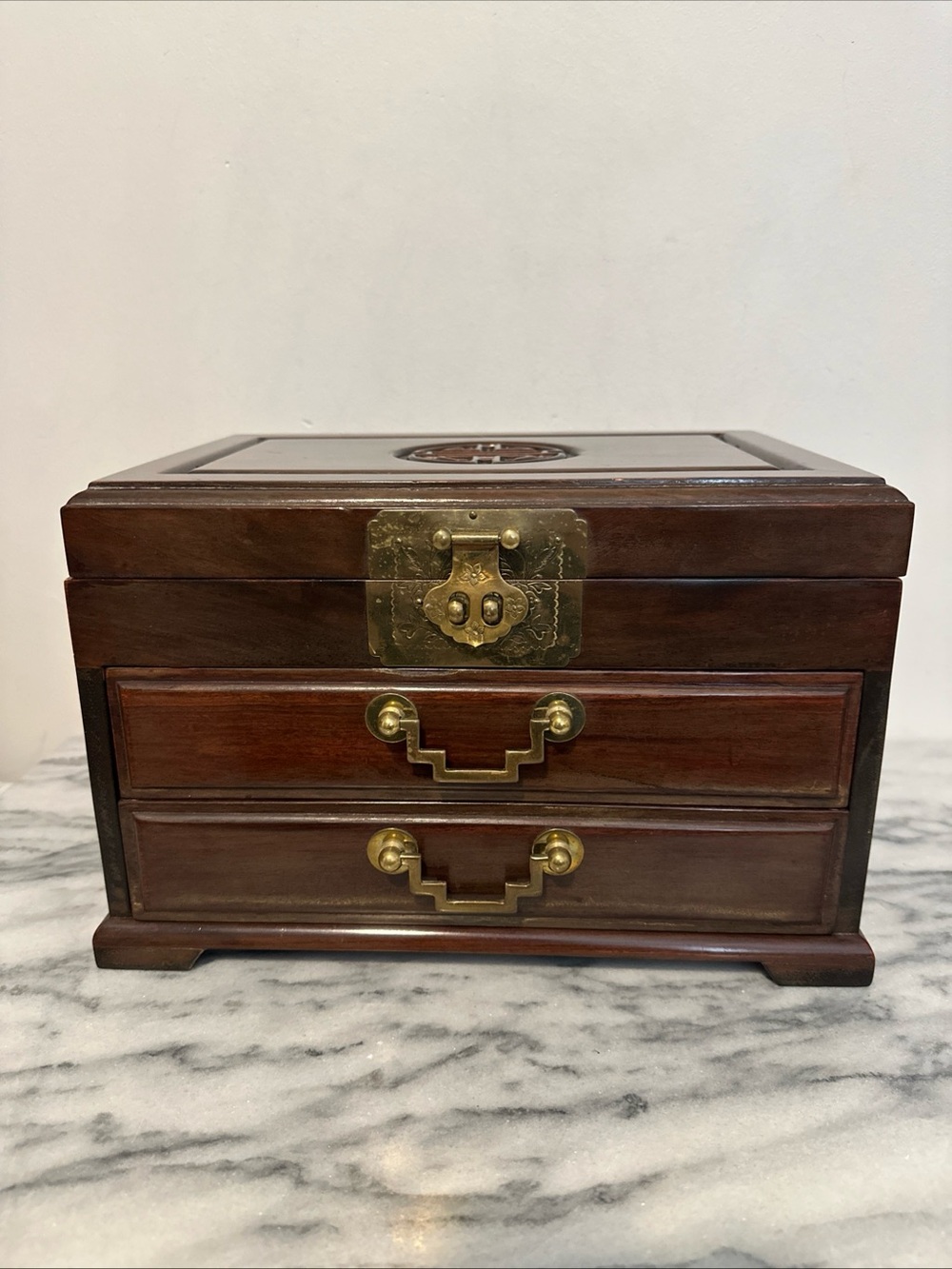 Classic Asian solid Wood Jewelry Box - Brown with Brass Accents